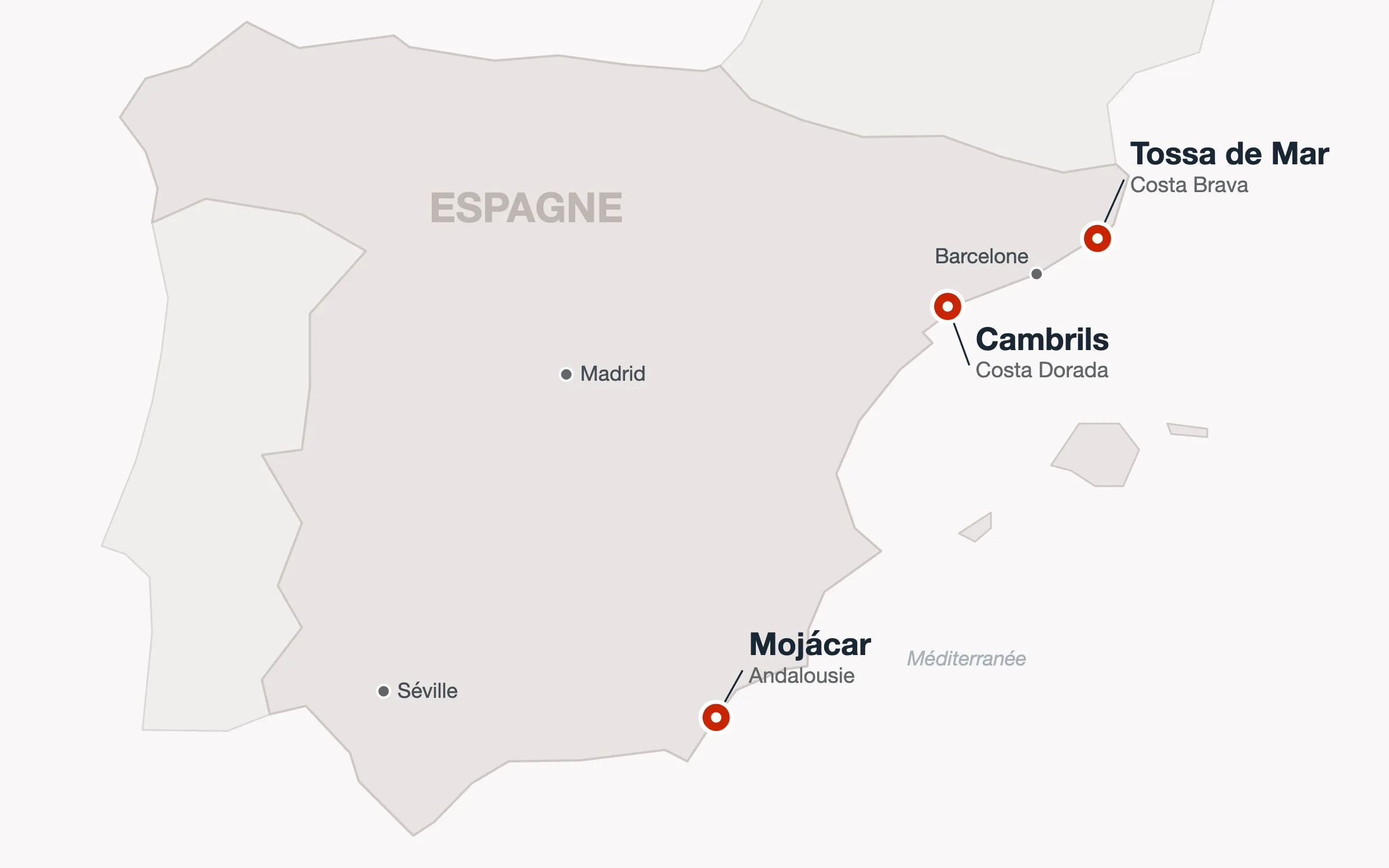 Carte de l'Espagne avec les destinations Tossa de Mar, Cambrils et Mojácar ainsi que Barcelone, Madrid et Séville